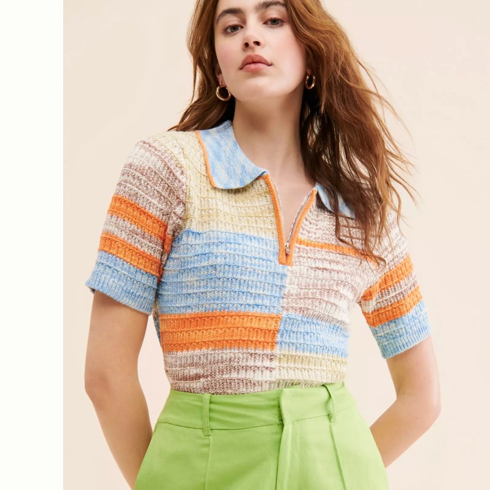 Anthropologie Flat White Y2K Multicolor Sweater Top Collared Zip Neck Retro